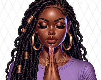 Mujer negra rezando PNG Clipart / Chica melaninizada DTF Transfer / Sublimación cristiana / Reina negra espiritual SVG para impresión de camisetas