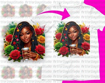 Elegant African American Woman with Coffee and Roses | Black Woman PNG| Vibrant PNG Clipart | Perfect for Sublimation, T-Shirts, and DTF