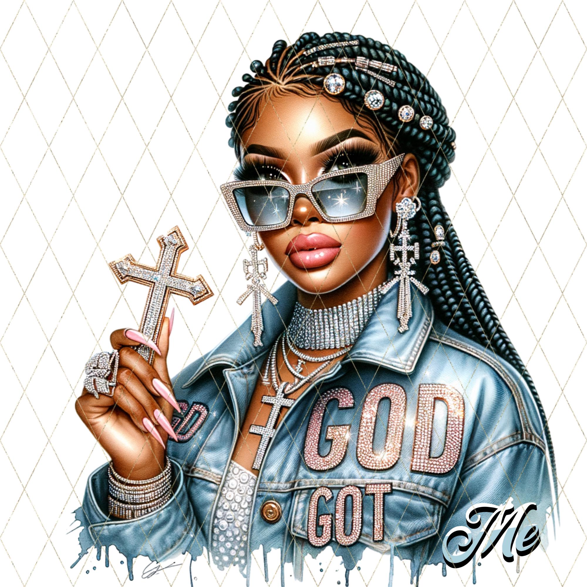 God Got Me PNG, Black Girl Christian Clipart, Glam Faith Sublimation Design, DTF Transfer, Bling Jesus Shirt Art, Spiritual Graphic