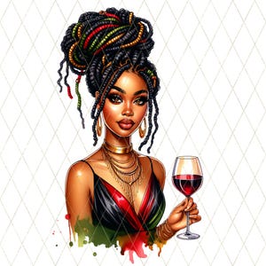 May include: A woman with long, braided hair styled in a bun, wearing a black and red dress, gold jewelry, and holding a glass of red wine. The background is a watercolor wash of green, red, and black.
