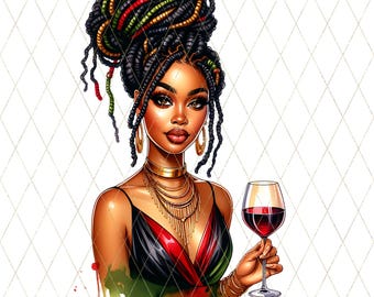 Melanin Wine Queen PNG | Afro Woman with Wine Glass Clipart | DTF Transfer Sublimation for Black-Owned Business & Craft Projects