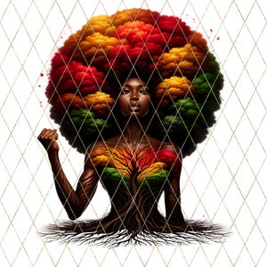 May include: Digital artwork of a woman with a large afro, coloured in red, orange, yellow, and green. Her body is depicted as a tree with roots, and she is framed by a gold diamond pattern. She is making a fist.