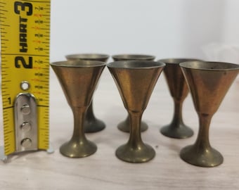 Set Of 6 Vintage Brass Cordial Miniature Goblets / Shot Cups Collectables 2.0"