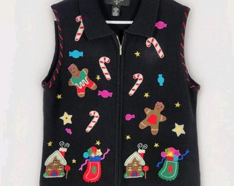 Vintage Christmas Zip Sweater Vest Womens Large Black Gingerbread House Applique