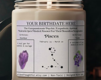 Personalized Birthdate Candle, Astrological Sign Candle, Custom Birthday Gift, Zodiac, Crystals, Birthstone, Birth Flower, Constellation