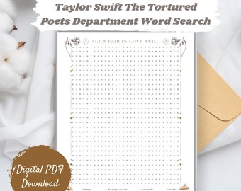 Taylor Swift The Tortured Poets Department Word Search, Fun Word Game for Parties, Personal Entertainment, Printable, Digital Download