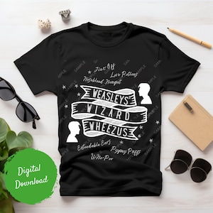 May include: Black t-shirt with a white graphic design featuring the text "Weasley's Wizard Wheezuz" with a ribbon design. The graphic also includes two silhouettes of people and the text "Jinx Off Nosebleed Nougat", "Love Potions", "Extendable Ears", "U-No-Poo", and "Pygmy Puffs".