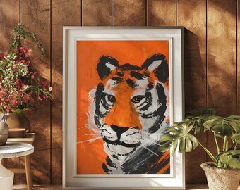 Tiger Portrait Abstract Modern Matte Vertical Poster Art Print - Maximalist Home Decor, Trendy Aesthetic, Orange Gallery Art, Painting Gift