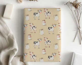 Cow and Milk Design Gift Wrap Papers,, Yellow Background, Baby Shower, Birthday, Any Occasion Wrapping Sheets, Wrapping Paper Gift Packaging