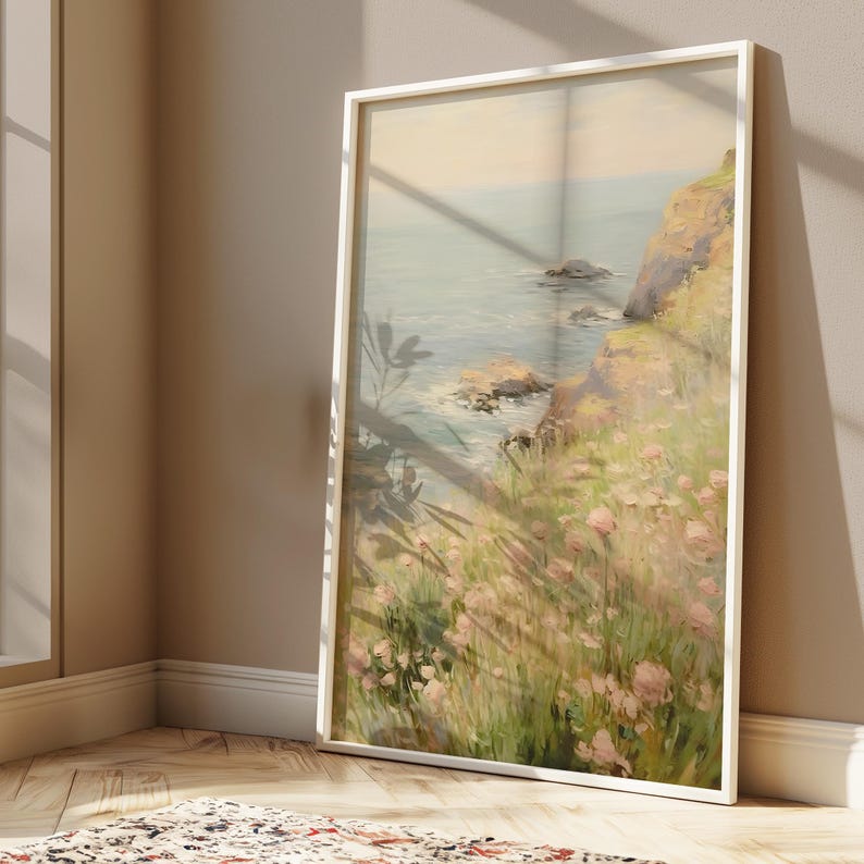 Falaise côtière avec scène de paysage de fleurs roses, affiche verticale mate, impression d'art - décoration d'intérieur chic côtière, art mural de plage, impression peinte image 6