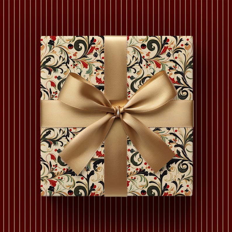Vintage Red, Green & Gold Victorian Christmas Swirl Print Gift Wrapping Paper - Traditional Classic, Elegant Holiday Gift, Antique Winter image 6