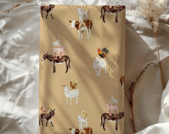 Boho Barnyard Farm Animal Gift Wrapping Paper - Birthday, Baby Shower Gift, Mustard Gift wrap, Adorable Kids Cow, Chicken, Donkey