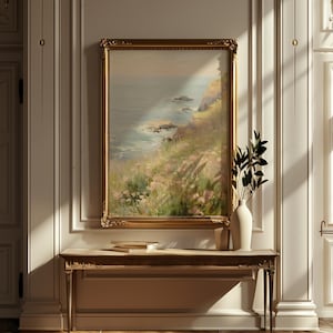 Falaise côtière avec scène de paysage de fleurs roses, affiche verticale mate, impression d'art - décoration d'intérieur chic côtière, art mural de plage, impression peinte image 3