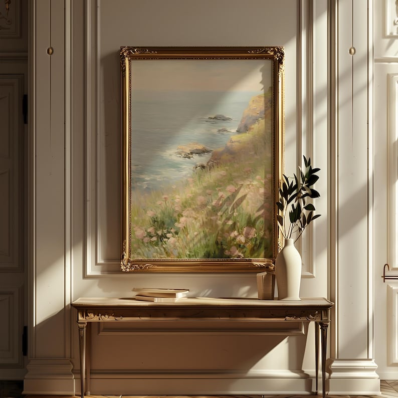 Falaise côtière avec scène de paysage de fleurs roses, affiche verticale mate, impression d'art - décoration d'intérieur chic côtière, art mural de plage, impression peinte image 3