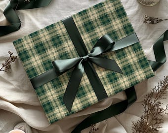 Green and Cream Plaid Gift Wrapping Paper Sheets - Holiday Gifting, Classic Christmas, Tartan, Traditional Aesthetic, Gift Wrap for Him