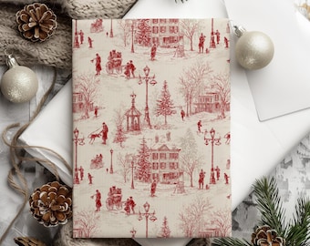 Red Winter Holiday Town Scene Toile De Jouy Gift Wrapping Paper - Christmas Gift Wrap, French Vintage Chinoserie, Classic Elegant Winter