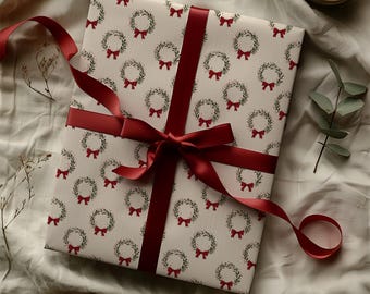 Dainty Rustic Christmas Wreath Gift Wrapping Paper Sheets - Holiday Gifting, Vintage Traditional Winter Gift Accessories, Red and Green