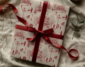 Red Holiday Town Scene Toile De Jouy Gift Wrapping Paper Sheets - Holiday Gifting, Chinoserie Classic Christmas, Elegant, Retro, Winter