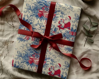Santa with Tree & Gifts Toile de Jouy Gift Christmas Gift Wrapping Paper - Vintage French Chinoserie Gift Wrap, Elegant Holiday Gifting