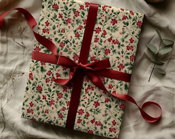 Victorian Burgundy and Green Antique Floral Gift Wrapping Paper Sheets - Holiday Gifting, Traditional Christmas, Retro Winter, Rustic