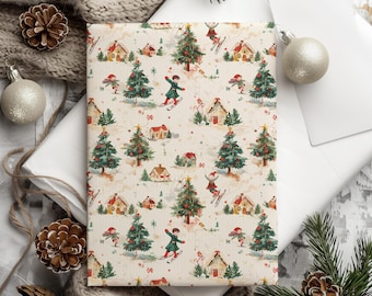 Whimsical Kids Skiing with Vintage Homes Winter Gift Wrapping Paper - Christmas Gift Wrap, Retro Xmas, Luxury Kids Packaging, Trendy Winter