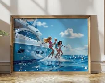 Babe Dolls Jumping from a Yacht Matte Horizontal Poster | Home Decor, Gallery Art, Modern Trendy Aesthetic, Coastal Aesthetic Wall Decor