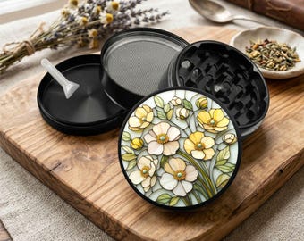 Joli effet 3D de style vitrail floral jaune fleur bloom - Moulin à herbes rond 4 couches de 2,5 pouces - Moulin