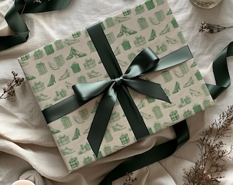 Green Shoes and Packages Toile Pattern Gift Wrapping Paper Sheets - Vintage Wrapping Accessories, Birthday Gift Wrap, Bridal Shower Gift