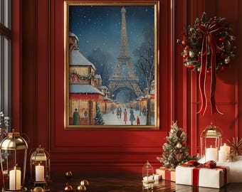 May include: A framed painting of the Eiffel Tower in Paris during a snowfall hangs on a red wall. The room is decorated for the holidays with a wreath, candles, and a small Christmas tree. A wrapped gift sits on the floor.