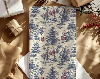 Santa with Christmas Tree Blue & Red Vintage Toile De Jouy Gift Wrapping Paper - French Aesthetic, Holiday Gifting, Chinoserie, Elegant
