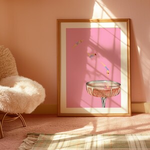 Diving into Champagne Coupe Glass Matte Vertical Poster Art Print - Eclectic Preppy Maximalist Aesthetic, Trendy Wall Poster, Bar Decor Pink image 4