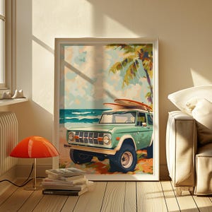 Vintage Blue Truck on the Beach with Surfboards Matte Vertical Poster Art Print - Retro Home Decor, Coastal Wall Art, Summer Aesthetic