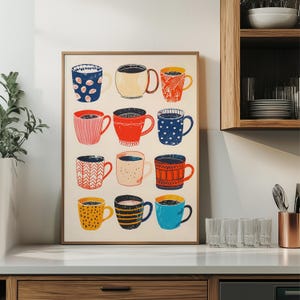 Whimsical Coffee Mug Collage Matte Vertical Poster Art Print - Trendy Wall Art, Cottage Core Home Decor, Tea Lover,  Gallery Art, Coffee Cup