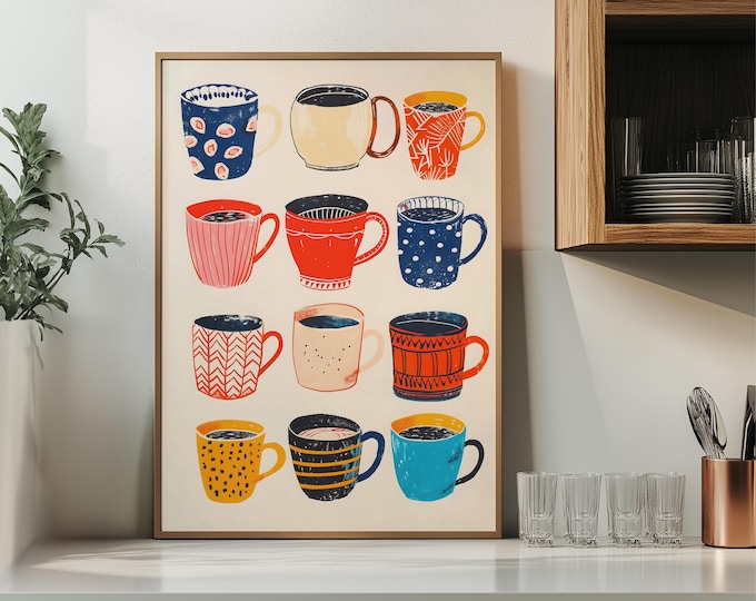Whimsical Coffee Mug Collage Matte Vertical Poster Art Print - Trendy Wall Art, Cottage Core Home Decor, Tea Lover,  Gallery Art, Coffee Cup