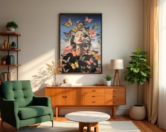 Póster vertical mate con mariposa y mujer de estilo pop art abstracto - Arte de pared moderno, decoración ecléctica para el hogar, arte contemporáneo.