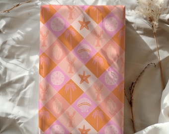 Preppy Beach Pink and Orange Nautical Gift Wrapping Paper Sheets - Birthday Gift Wrap, Bridal Shower, Wedding, Cute Summer Aesthetic