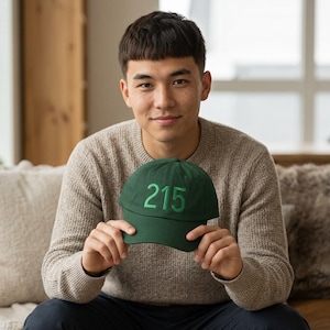 May include: A dark green baseball cap with the number "215" embroidered in a lighter green thread. The cap is held up in front of a person wearing a light brown sweater.