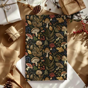 Hojas de papel para envolver regalos con temática de cabañas de bosque oscuro: estética melancólica, hongos, papel de regalo de cumpleaños moderno, Navidad con temática de bosque, festividades imagen 1