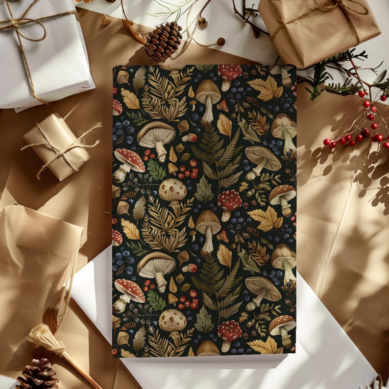 Hojas de papel para envolver regalos con temática de cabañas de bosque oscuro: estética melancólica, hongos, papel de regalo de cumpleaños moderno, Navidad con temática de bosque, festividades imagen 1