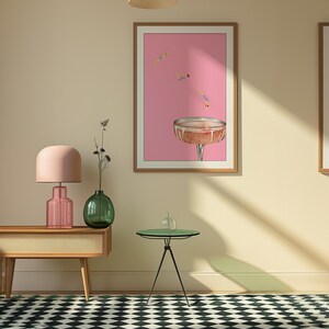 Diving into Champagne Coupe Glass Matte Vertical Poster Art Print - Eclectic Preppy Maximalist Aesthetic, Trendy Wall Poster, Bar Decor Pink image 2
