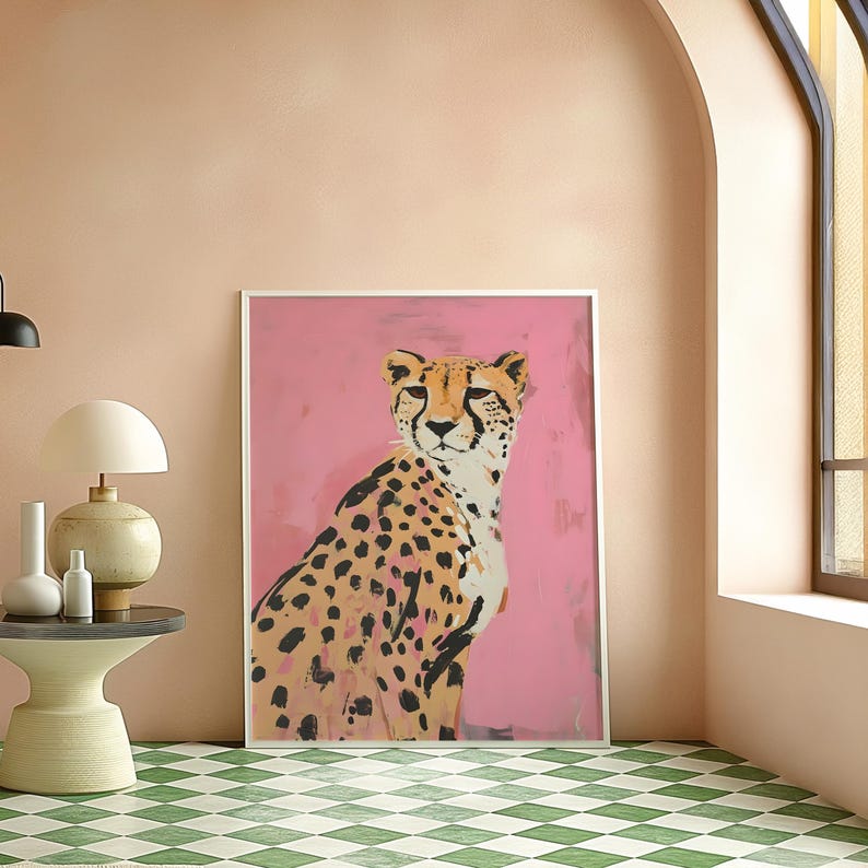 Pink Leopard Painting Matte Vertical Poster Art Print - Modern Home Decor, Maximalist Aesthetic Trendy Wall Poster, Eclectic Dorm, Cheetah image 3