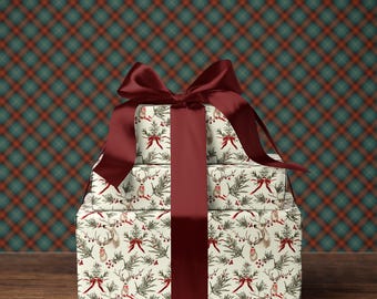 赤いリボンと緑の葉をあしらったトナカイのクリスマスホリデーギフト包装紙 - 森のギフト包装紙、シンプルで伝統的な冬のギフトアクセサリー