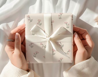 Papel de regalo minimalista con diseño floral rosa Mini Bloom: papel de regalo de cumpleaños, despedida de soltera, baby shower, regalo de primavera para ella, sencillo.