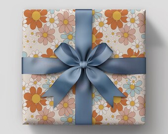 Funky Retro Cute Floral Pink, Orange & Blue Gift Wrapping Paper - Birthday Gift Wrap, Mother's Day, Bridal Shower, Baby Shower, Summer