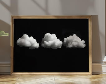 Póster horizontal minimalista mate en blanco y negro de Triple Nube / Decoración para sala de estar, galería de arte, decoración infantil, estética oscura y melancólica