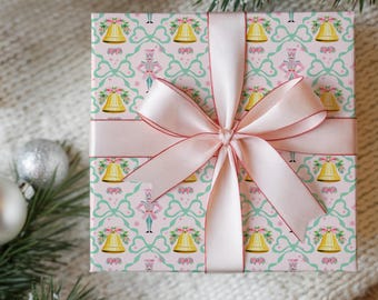 Whimsical Pastel Pink, Green & Gold Coquette Nutcracker Gift Wrapping Paper - Cute Gift Wrap Holiday, Kids Gifting Preppy Christmas