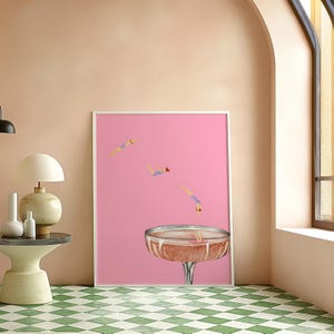 Diving into Champagne Coupe Glass Matte Vertical Poster Art Print - Eclectic Preppy Maximalist Aesthetic, Trendy Wall Poster, Bar Decor Pink image 6