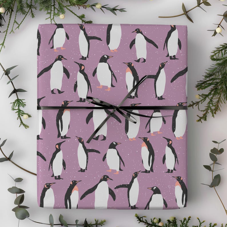 Purple Penguin Gift Wrapping Paper Sheets - Holiday Gift Wrap, Christmas Wrapping, Kids Gift Wrap, Winter, Animal, Baby Shower, Birthday image 1