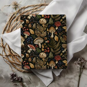 Hojas de papel para envolver regalos con temática de cabañas de bosque oscuro: estética melancólica, hongos, papel de regalo de cumpleaños moderno, Navidad con temática de bosque, festividades imagen 4