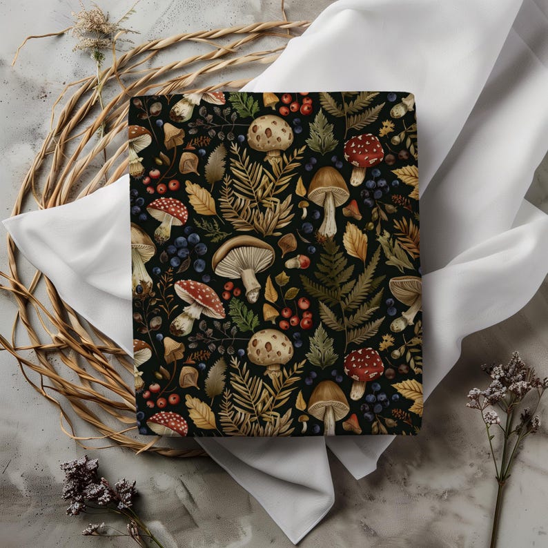 Hojas de papel para envolver regalos con temática de cabañas de bosque oscuro: estética melancólica, hongos, papel de regalo de cumpleaños moderno, Navidad con temática de bosque, festividades imagen 4